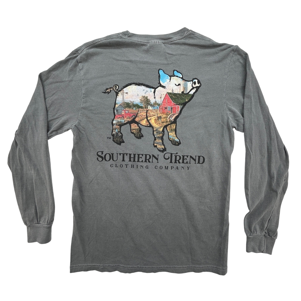 Southern Trend Shirt Womens Small Pig Graphic Farm Scene Gray Long Sleeve